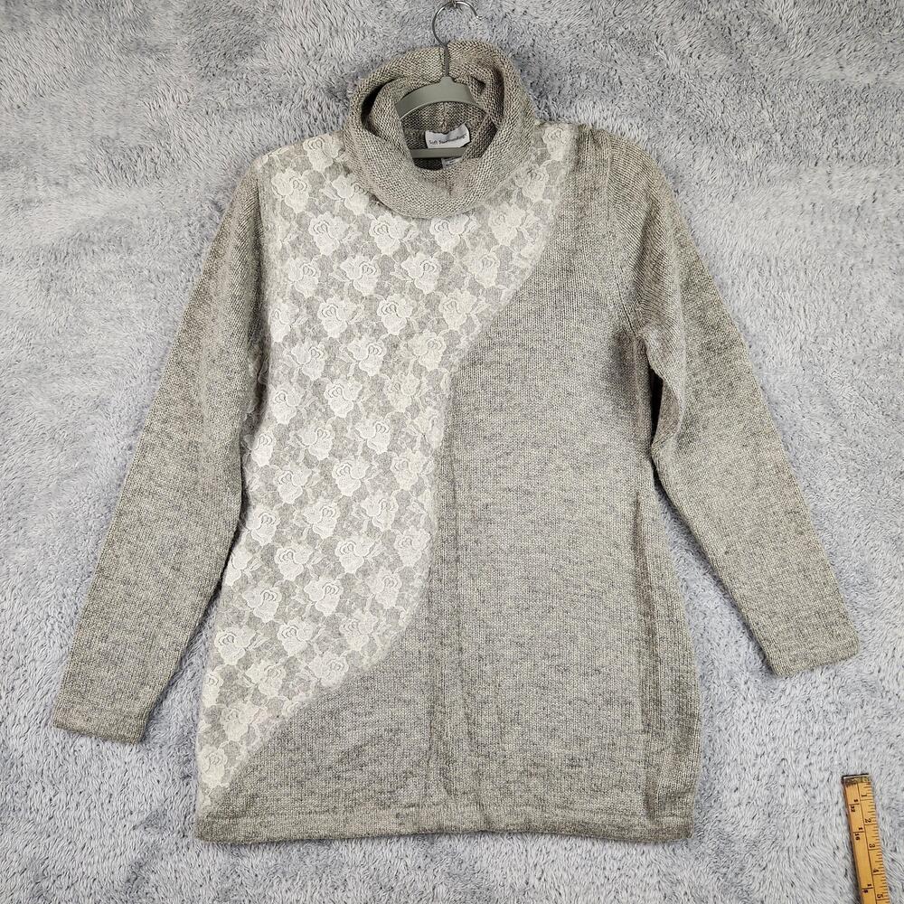 Soft Surroundings Sweater Womens Medium Gray Cowl Neck Floral Lace Knit Tunic